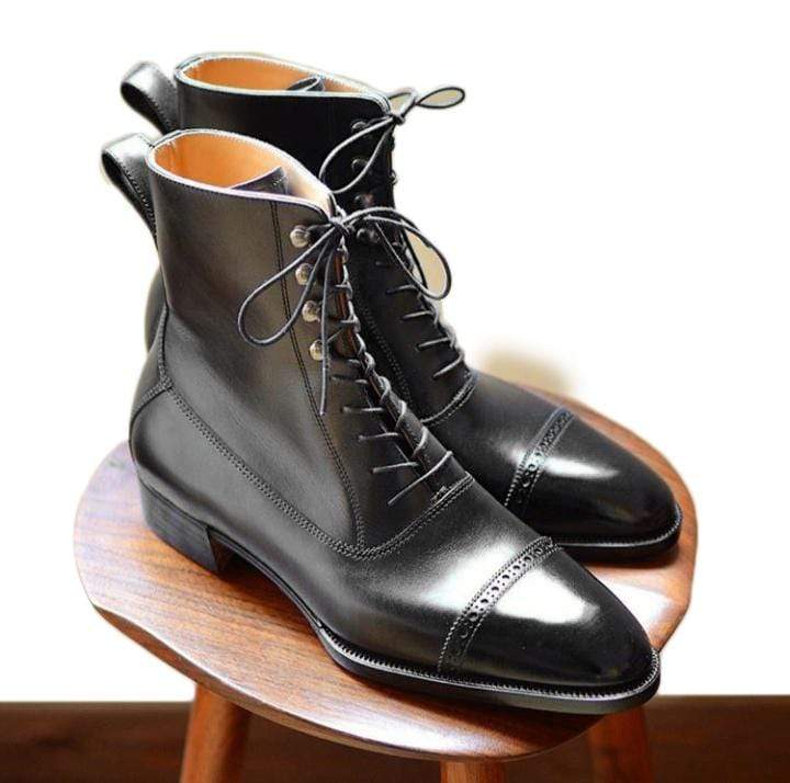 Handmade Men's Ankle High Black Leather Cap Toe Boot - leathersguru