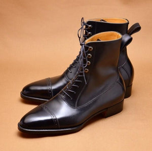 Handmade Men's Ankle High Black Leather Cap Toe Boot - leathersguru