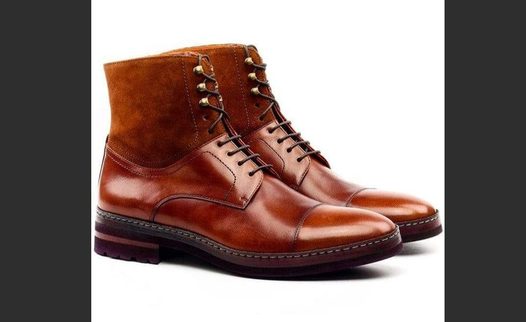 Men's Ankle High Tan Leather Suede Cap Toe Lace Up Boot - leathersguru