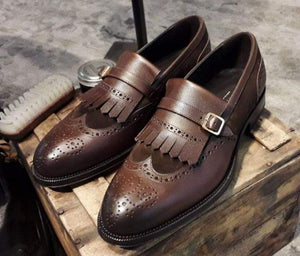 Men's Leather Suede Brown Monk Strap Wing Tip Brogue Fringe Shoes - leathersguru