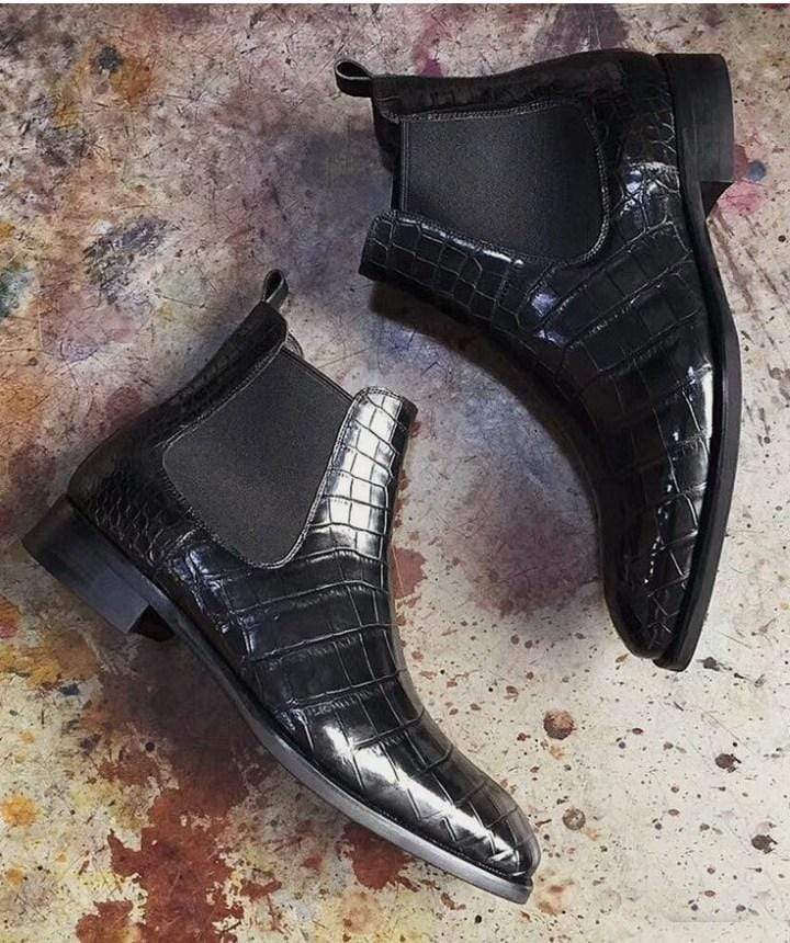 Handmade Men's Ankle High Alligator Leather Black Chelsea Boot - leathersguru