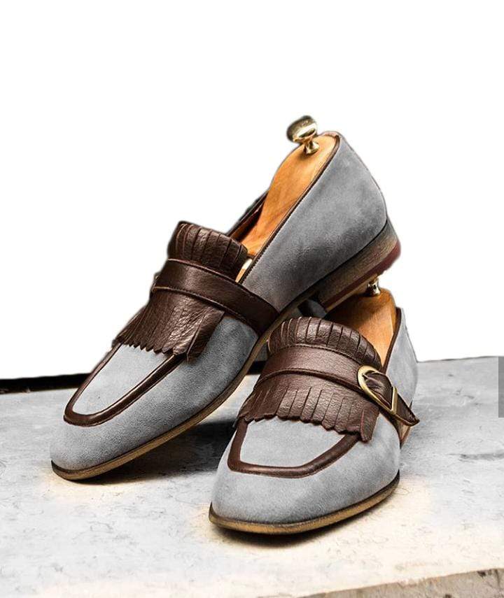Men's Suede Monk Strap Gray Brown Fringe Shoes - leathersguru
