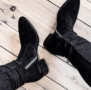 Handmade Men's Ankle High Black Suede Side Zipper Boot - leathersguru
