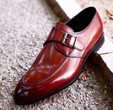Load image into Gallery viewer, Men&#39;s Leather Monk Strap Burgundy Round Toe Shoes - leathersguru
