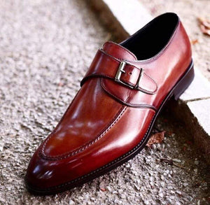 Men's Leather Monk Strap Burgundy Round Toe Shoes - leathersguru