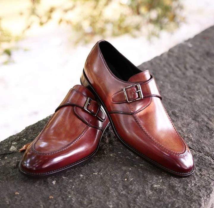 Men's Leather Monk Strap Burgundy Round Toe Shoes - leathersguru