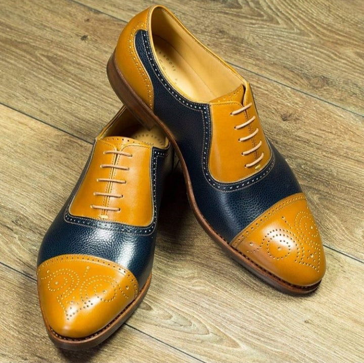 Bespoke Yellow & Blue Leather Cap Toe Lace Up Shoe for Men's - leathersguru