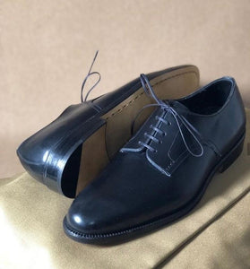 Handmade Navy Blue Leather Derby Shoes - leathersguru