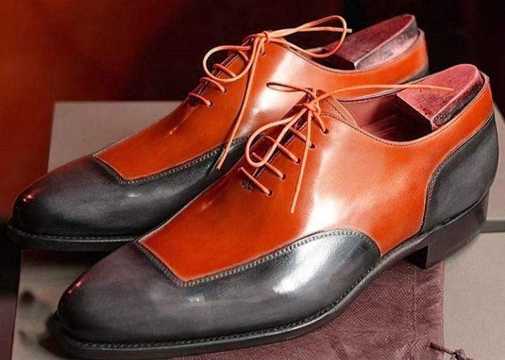 Handmade Men's Leather Red Gray Square Toe Shoes - leathersguru