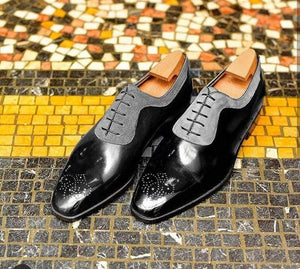 Handmade Black Gray Suede Leather Brogue Shoe - leathersguru