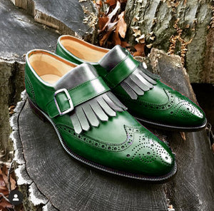 Bespoke Green Gray Leather Fringe Wing Tip Monk Strap Shoe for Men - leathersguru