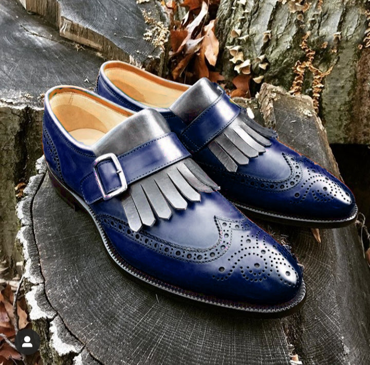 Bespoke Blue & Gray Leather Fringe Wing Tip Monk Strap Shoe for Men - leathersguru