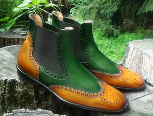 Handmade Men's Ankle High Tan Green Leather Wing Tip Chelsea Boot - leathersguru