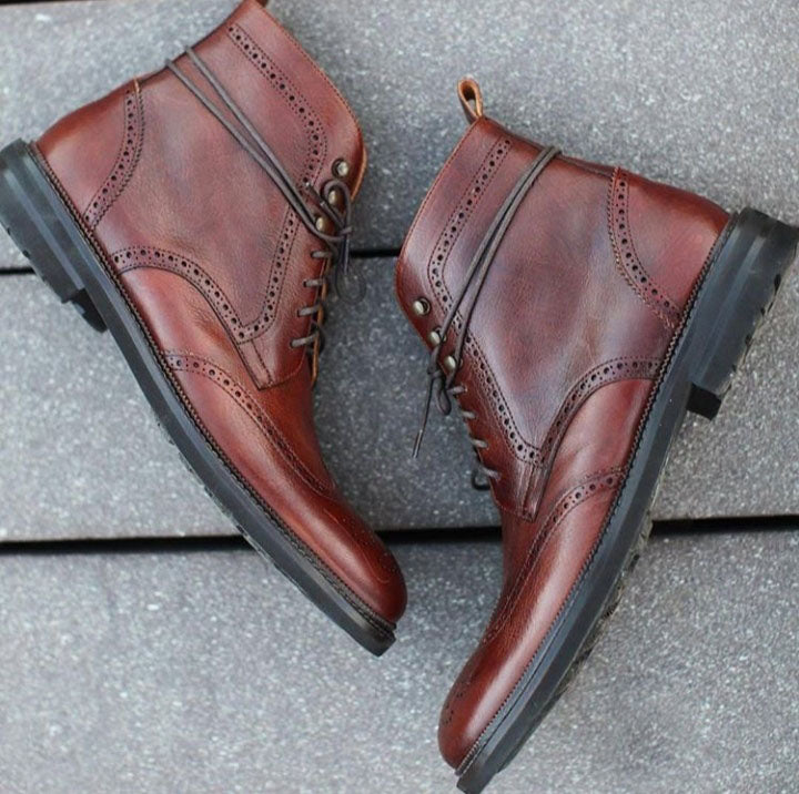 Bespoke Brown Half Ankle Leather Wing Tip Lace Up Boots - leathersguru