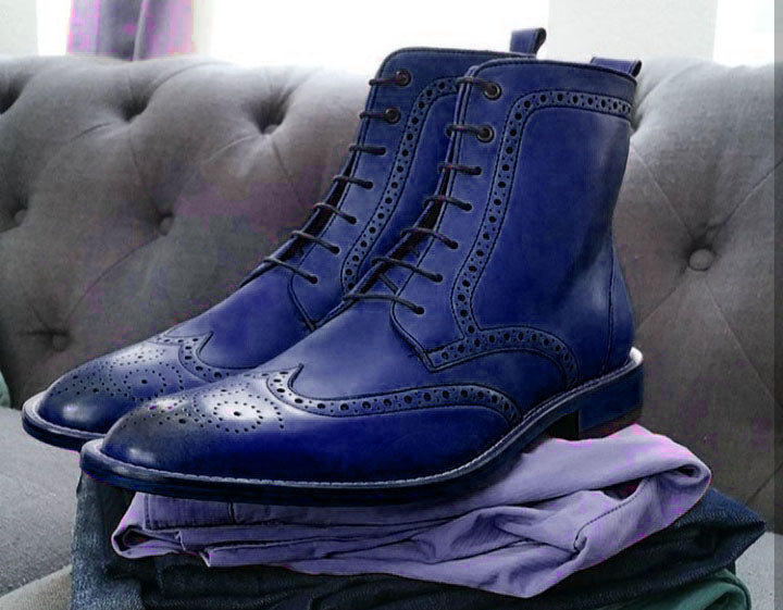 Bespoke Blue Leather Wing Tip Lace Up Brogue Toe Boot - leathersguru