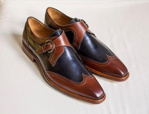 Bespoke Brown Black Leather Monk Strap Shoes - leathersguru