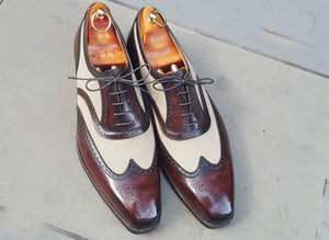 Bespoke Burgundy White Leather Wing Tip Shoe for Men - leathersguru