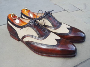 Bespoke Burgundy White Leather Wing Tip Shoe for Men - leathersguru