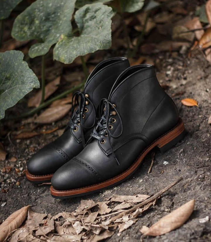 Bespoke Black Chukka Leather Cap Toe Lace Up Boots - leathersguru