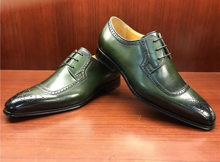 Handmade Men's Leather Green Black Brogue Shoes - leathersguru
