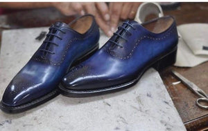 Handmade Two Tone Blue Derby Brogue Leather Shoe - leathersguru