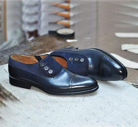 Handmade Navy Blue Cap Toe Leather Suede Shoes - leathersguru
