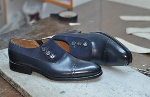 Handmade Navy Blue Cap Toe Leather Suede Shoes - leathersguru