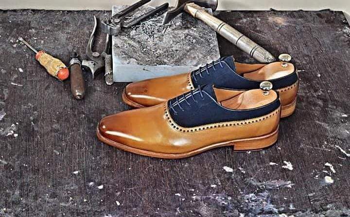 Handmade Navy Blue Tan Leather Suede Derby Shoes - leathersguru