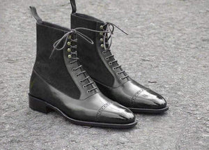 Men's Ankle High Black Leather Suede Cap toe Lace Up Boot - leathersguru
