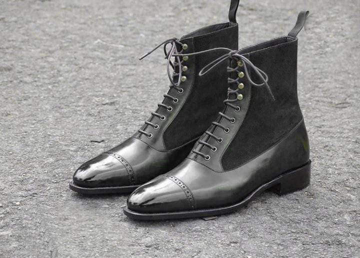 Men's Ankle High Black Leather Suede Cap toe Lace Up Boot - leathersguru