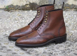 Men's Ankle High Leather Brown Wing Tip Lace Up Boot - leathersguru