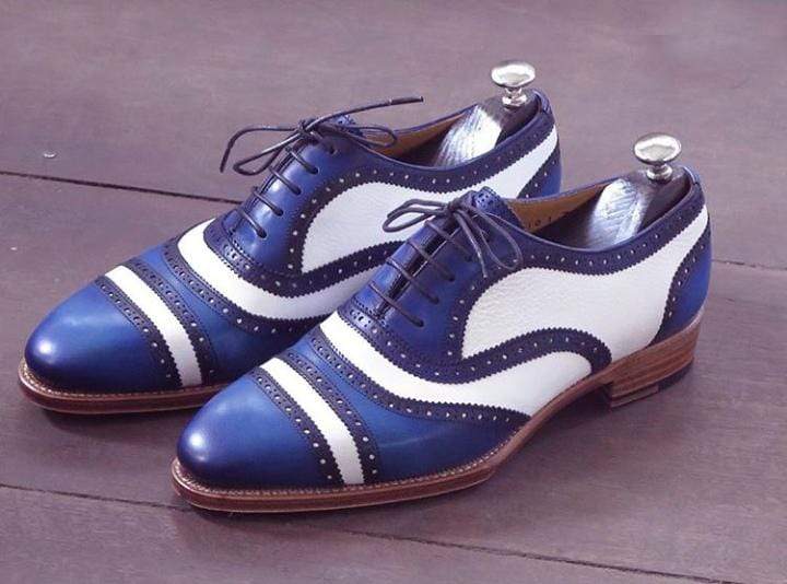 Handmade Men's Leather Blue White Cap Toe Shoes - leathersguru