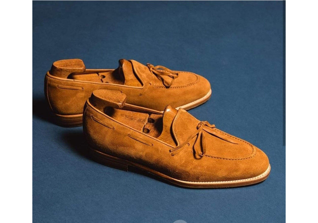 Men's Tan Round Toe Suede Loafers Shoes - leathersguru