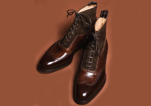 Bespoke Brown Leather Suede Wing Tip Shoe for Men - leathersguru