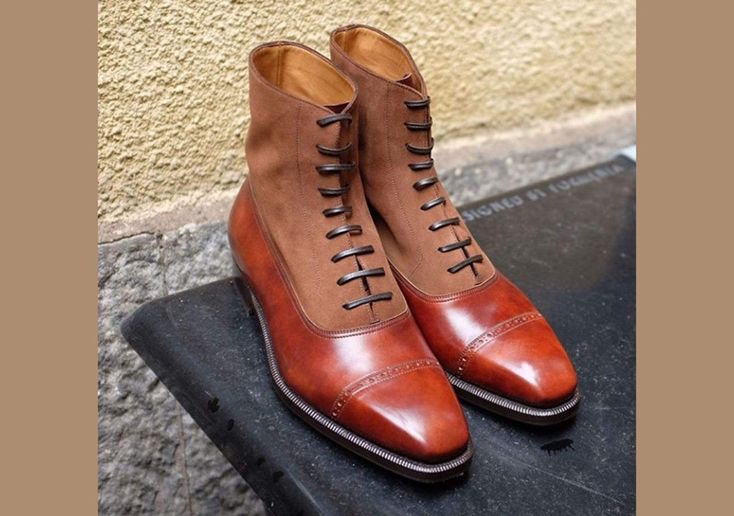 Handmade Men's Ankle High Leather Suede Brown Cap Toe Boot - leathersguru