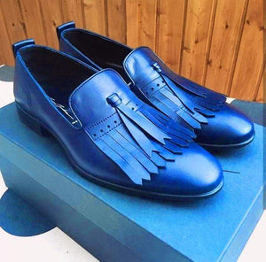 Men's Blue Color Slip On Fringe Shoes - leathersguru