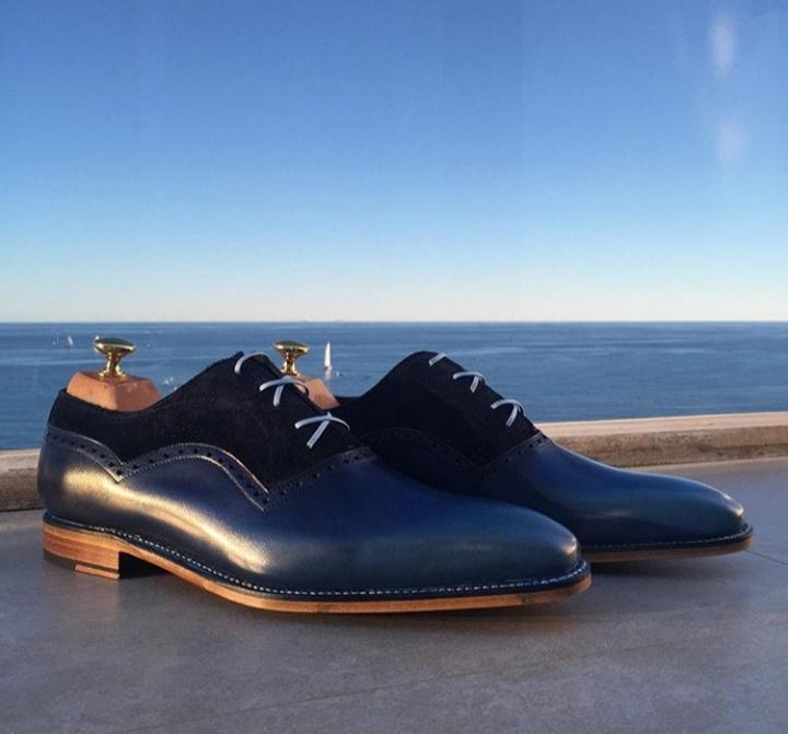 Handmade Navy Blue Leather Suede Derby Shoes - leathersguru