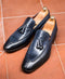 Men's Navy Blue Moccasin Slip On Split Toe Tussles Shoes - leathersguru