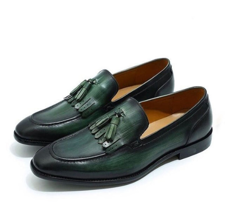 Bespoke Green Leather Fringe Tussle Loafer Shoe for Men - leathersguru