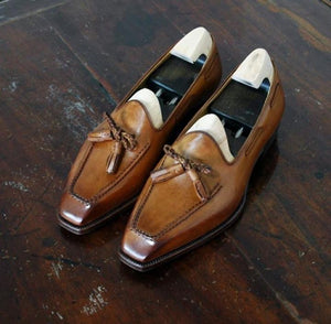 Men's Brown Moccasin Slip On Square Toe Tussles Shoes - leathersguru