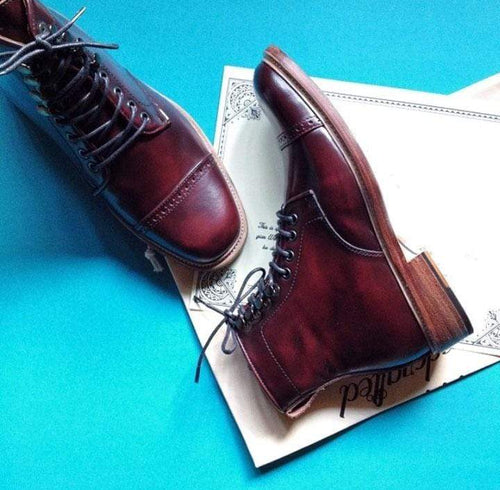 Handmade Men's Ankle High Leather Burgundy Cap Toe Lace Up Boot - leathersguru