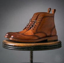 Load image into Gallery viewer, Bespoke Brown Leather Wing Tip Ankle High Boots - leathersguru
