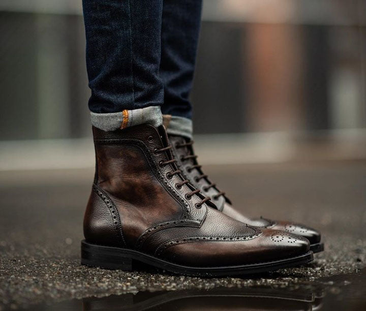 Bespoke Chocolate Brown Tweed Leather Wing Tip Ankle High Boots - leathersguru