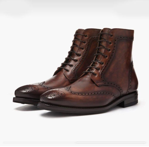 Bespoke Dark Brown Leather Wing Tip Ankle Lace Up Boots - leathersguru