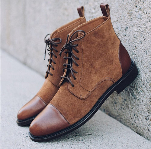 Ankle High Brown Cap Toe Lace Up Leather Suede Boot - leathersguru