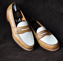 Load image into Gallery viewer, Bespoke White &amp; Brown Leather Round Toe Shoes for Men&#39;s - leathersguru
