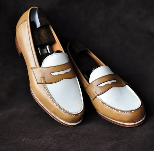 Bespoke White & Brown Leather Round Toe Shoes for Men's - leathersguru
