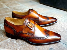 Load image into Gallery viewer, Bespoke Brown Leather Wing Tip Monk Strap Shoes for Men - leathersguru
