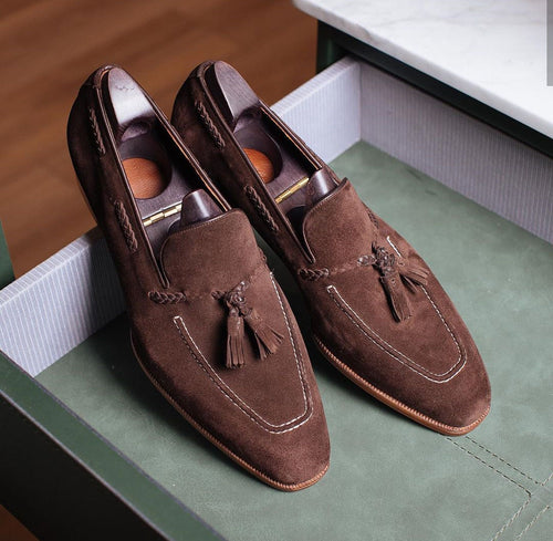 Bespoke Brown Suede Square Toe Tussles Loafer Shoes for Men's - leathersguru
