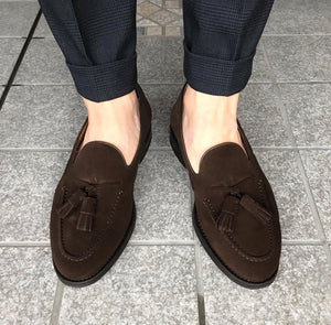 Bespoke Brown Suede Round Toe Tussles Loafer Shoes for Men's - leathersguru